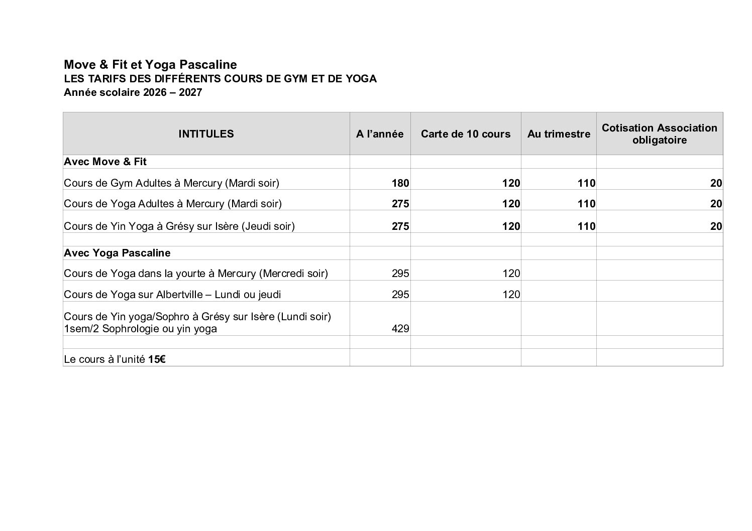 tarifs des cours